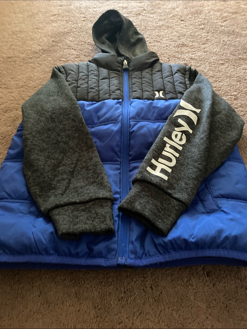 Hurley Blue and Charcoal Hooded Puffer Jacket for Kids
